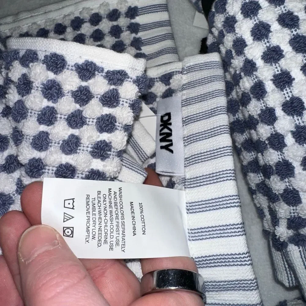 DKNY Bath Towel Set Dusty Navy Blue White Pattern 8 Pieces Total NWT